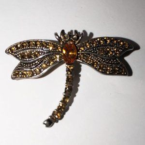 Vintage Orange Rhinestone Dragonfly Pin